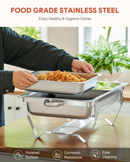WILPREP Chafing Dish Buffet Set, 2 Pack 9L Chafers for Catering with 4 Half Size Food Pans Fuel Holders 2 Lids Foldable Frames, Stainless Steel Food