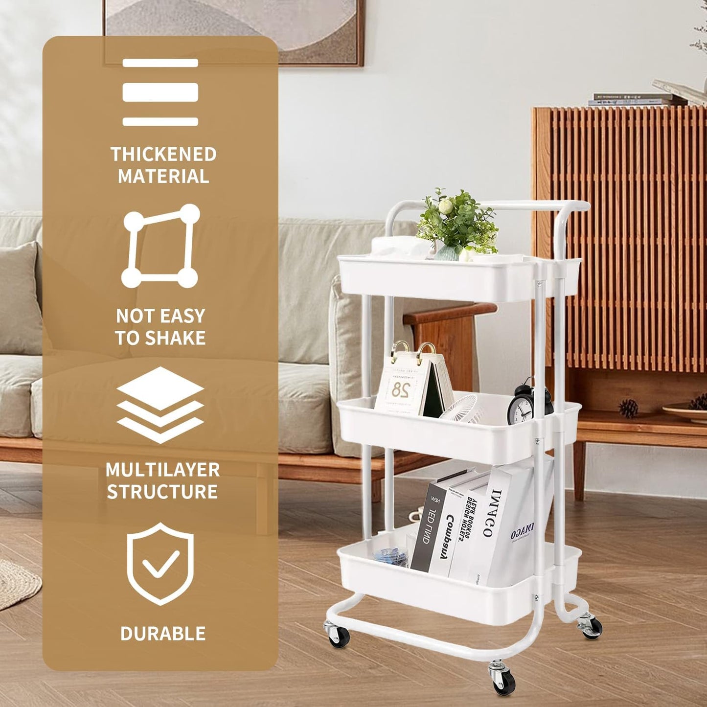 3 Tier Trolley Rolling Utility Storage Car with Wheels&Hanging Cups&Hooks
