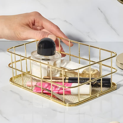 Hapivida 2 Pcs Wire Storage Basket, 17x12x6cm Golden Desktop Metal Storage Basket Iron Grid Storage Tray Net Organizer Bins for Kitchen, Pantry