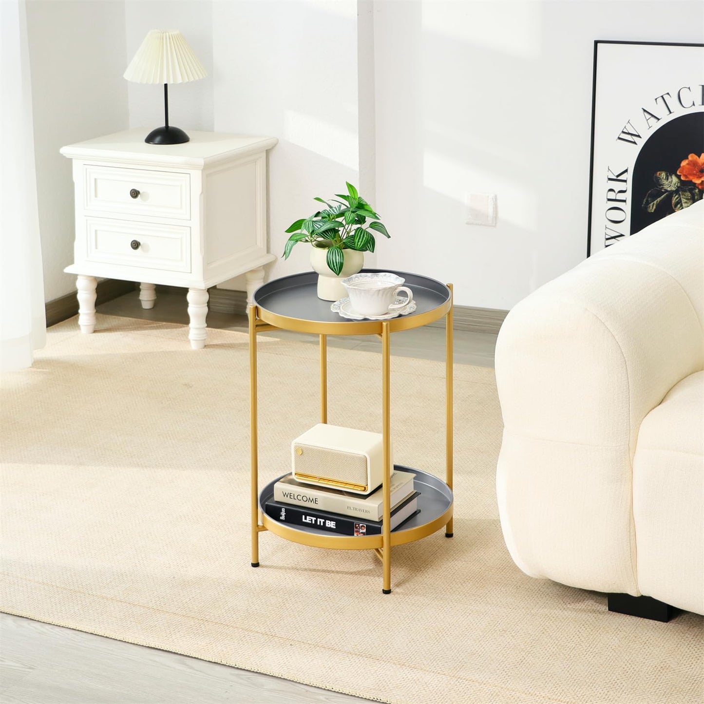 Mordchil EU 2-Tier Round End Side Table, Small Metal Side Table with Removable Tray, Folding Accent Tables for Living Room, Balcony