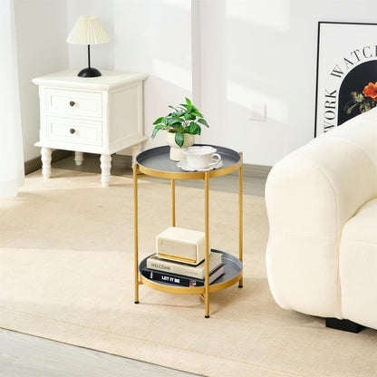 Mordchil EU 2-Tier Round End Side Table, Small Metal Side Table with Removable Tray, Folding Accent Tables for Living Room, Balcony