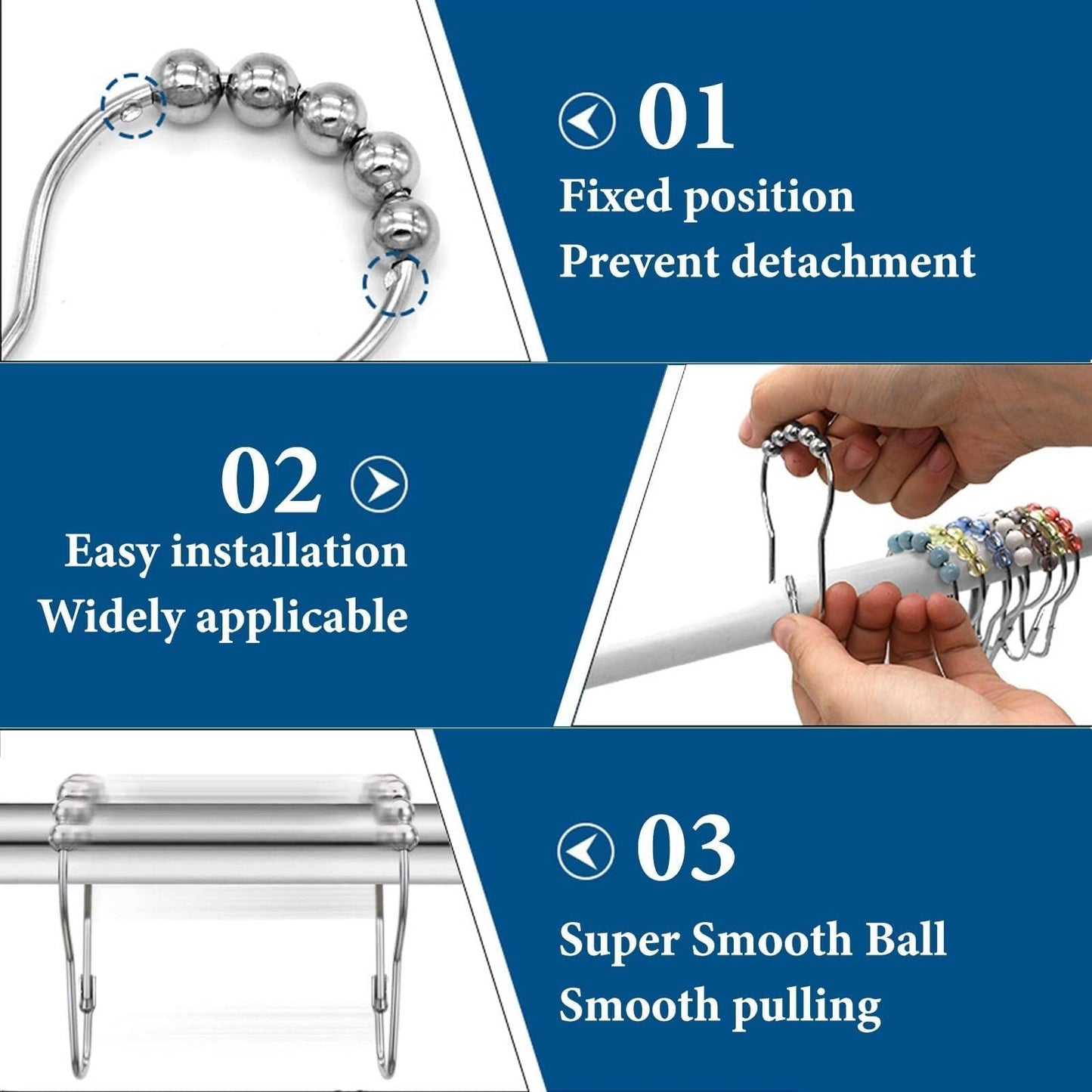 Fogcosy 14 Pcs Stainless Steel Shower Curtain Hooks with Roller Balls, Rust-Resistant, Heavy-Duty Closure, Suitable for Standard Bathrooms