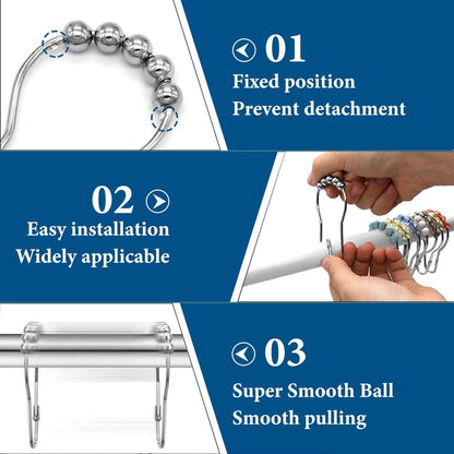 Fogcosy 14 Pcs Stainless Steel Shower Curtain Hooks with Roller Balls, Rust-Resistant, Heavy-Duty Closure, Suitable for Standard Bathrooms