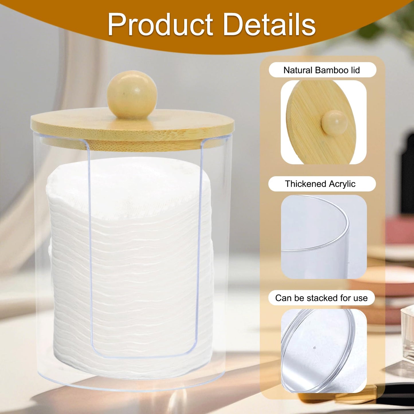 Griwuut 4 Pcs Acrylic Cotton Pad Holder Set with Bamboo Lids Bathroom Storage Dispenser for Cotton Swabs, Pads Wool Buds
