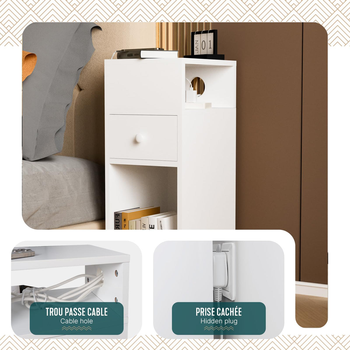VOUNOT® Slim Bedside Table, Narrow Wood Bedside Cabinet with Drawer and Open Shelf, Small Bedside Unit, Thin Nightstand for Bedroom, Living Room