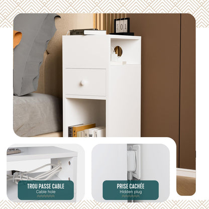 VOUNOT® Slim Bedside Table, Narrow Wood Bedside Cabinet with Drawer and Open Shelf, Small Bedside Unit, Thin Nightstand for Bedroom, Living Room
