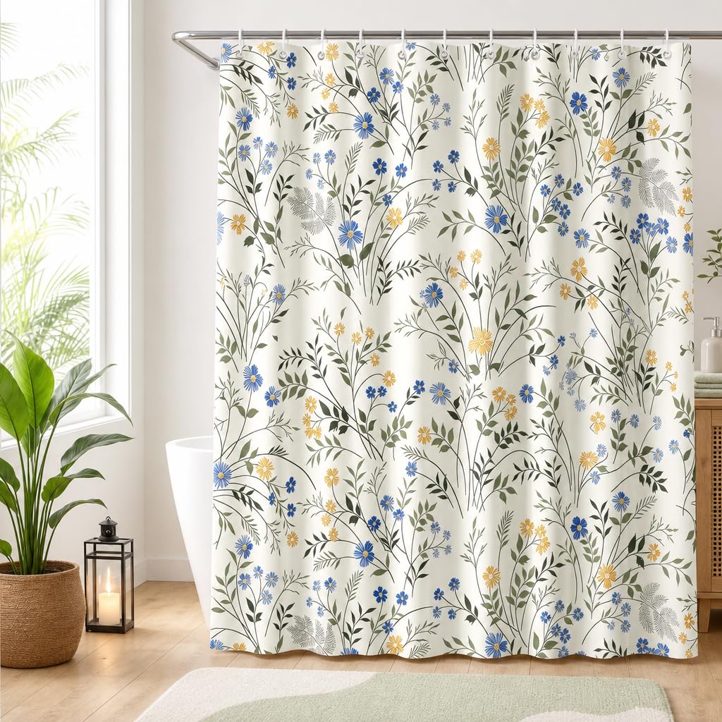 Hopomoon Country Wildflower Shower Curtain,Blue and Yellow Floral Green Leaf Plant Spring Summer Botanical Plant Pattern