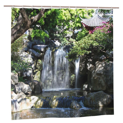 Newhomestyle Waterfall Scenery Garden Shower Curtain, Waterproof Polyester Fabric Pavilion Bathroom Shower Curtain