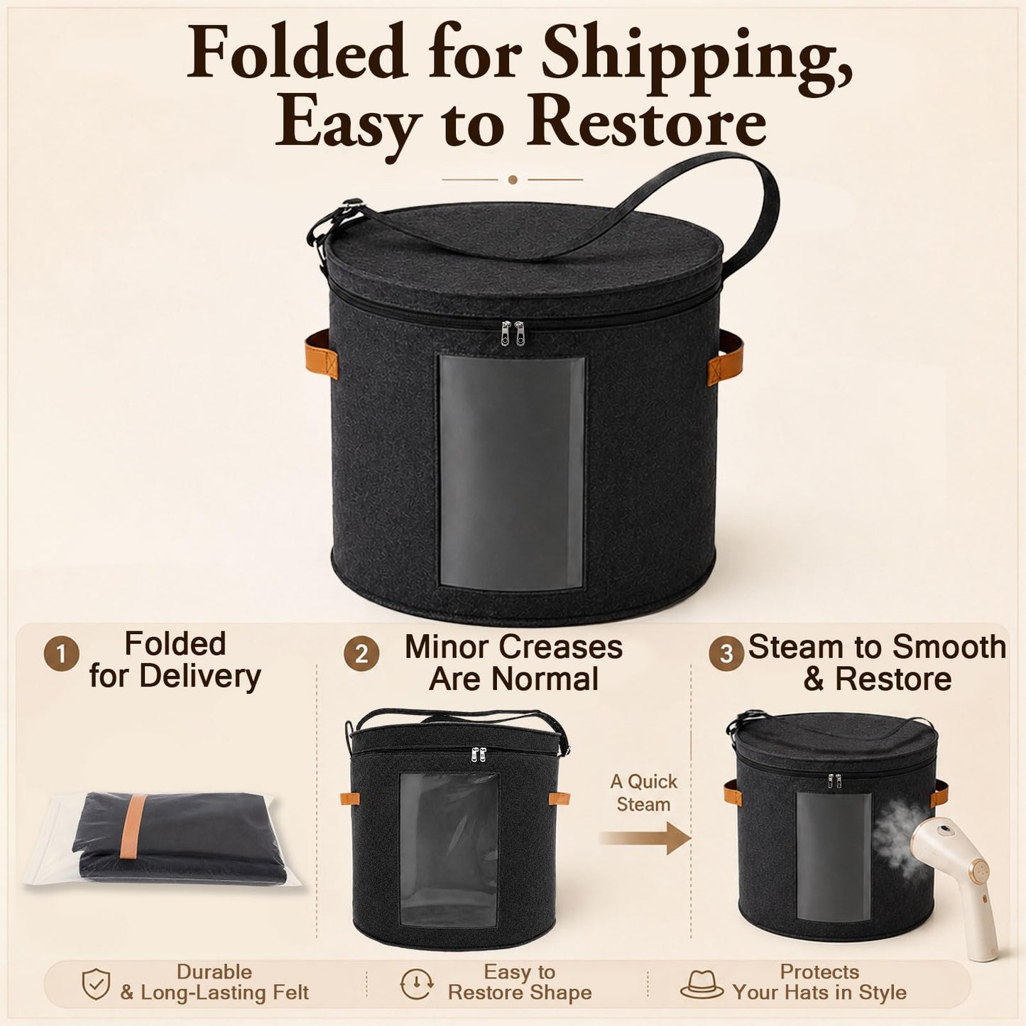 Hat Storage Box with Lid, 48x42cm Extra Large Round Felt Case with Handles