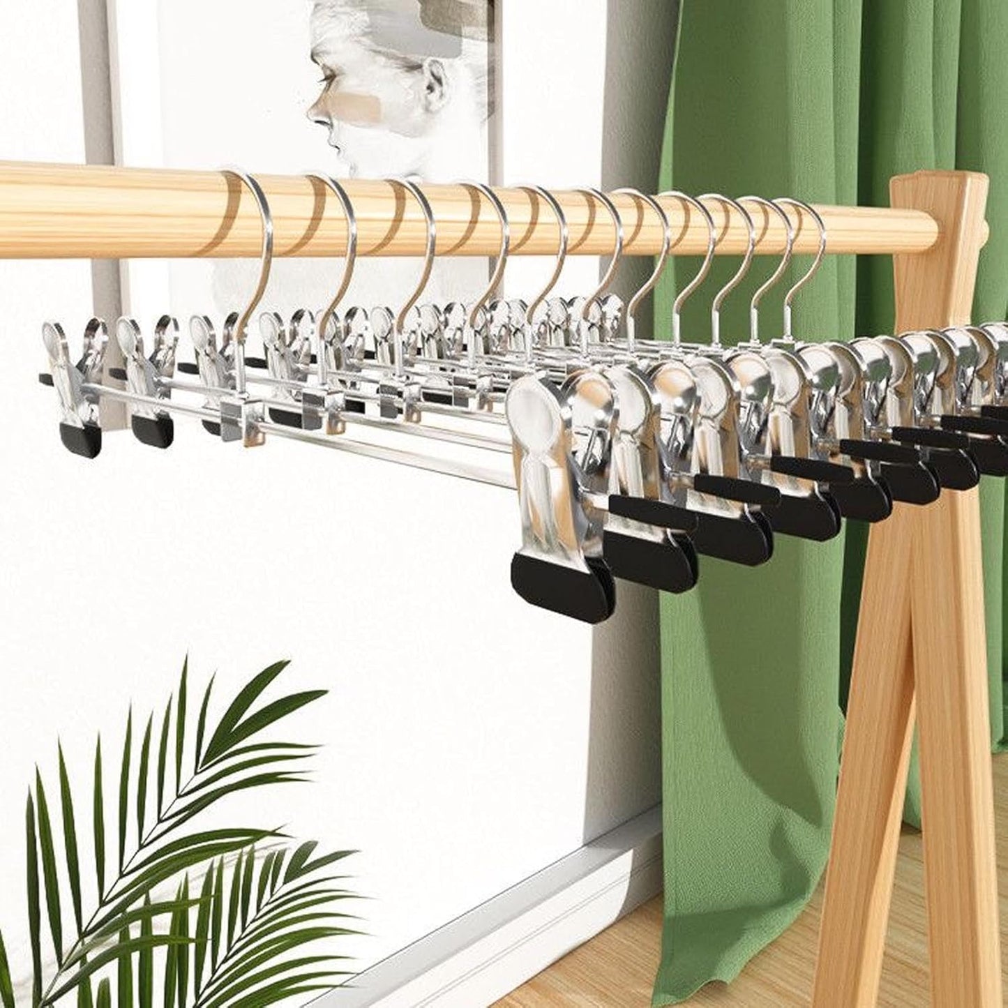 Trouser Hanger,10Pack Pant Hangers Space Saving Skirt Hangers with Clips Adjustable Non-Slip Coat Hangers Heavy Duty Chrome Clothes Hangers Clothes
