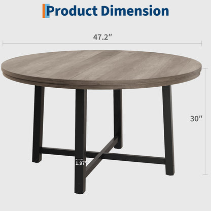 47 in Round Dining Table, Industrial Dinner Table for 4 to 6, Wooden Kitchen Table with Sturdy Metal Frame & Rustic Light Oak Finish