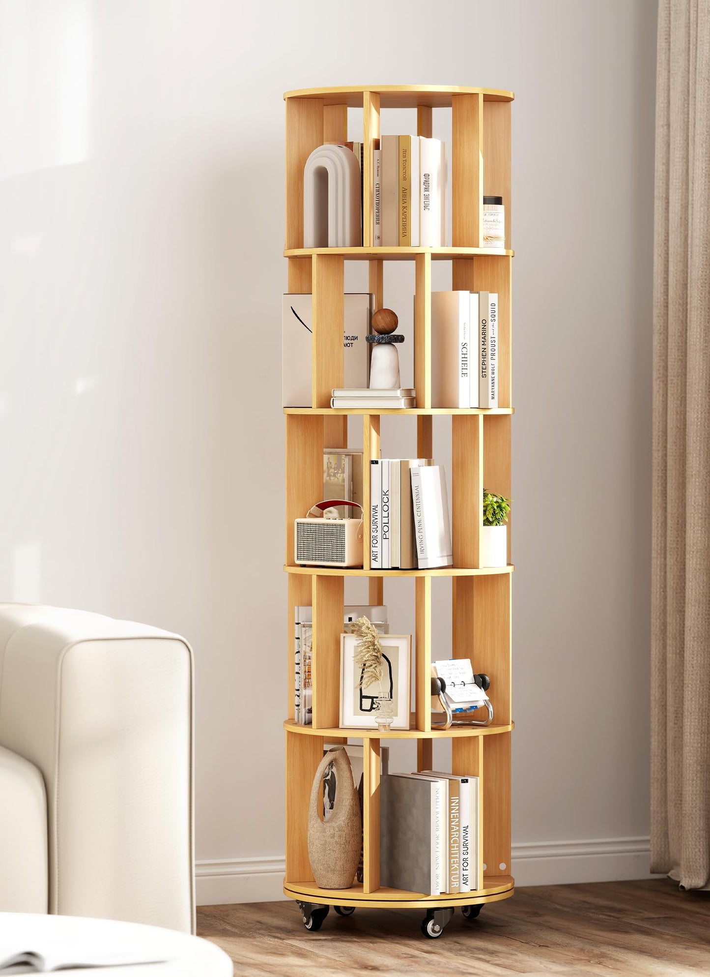 yeshine Rotating Bookshelf, 5-Tier Wood Color Spinning Bookcase