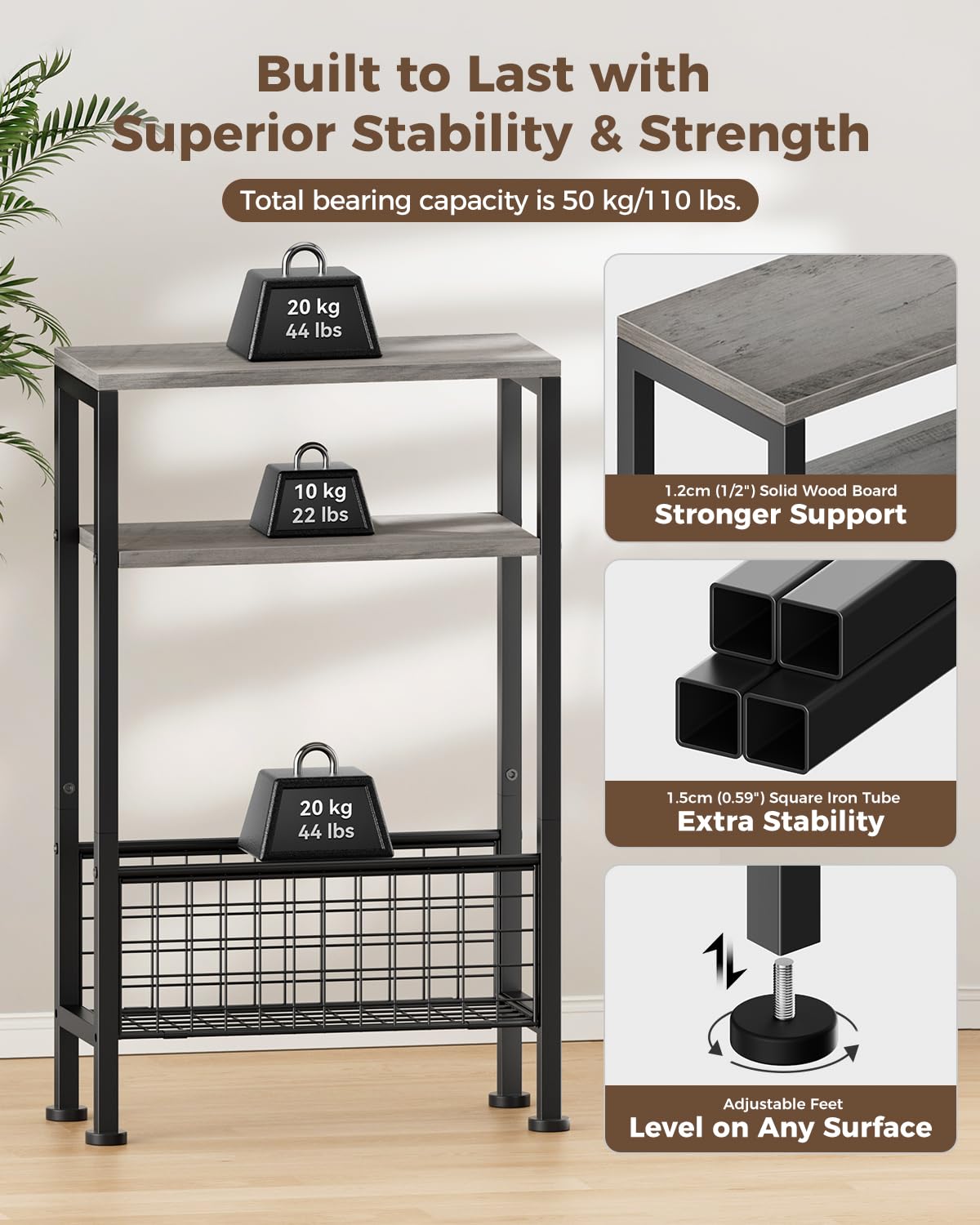 Yuede Narrow Side Table with Magazine Rack, 3-tier Slim Bedside Table, Small End Table for Living Room, Bedroom, MDF & Metal Frame (Gray)