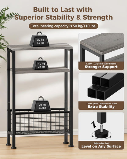 Yuede Narrow Side Table with Magazine Rack, 3-tier Slim Bedside Table, Small End Table for Living Room, Bedroom, MDF & Metal Frame (Gray)