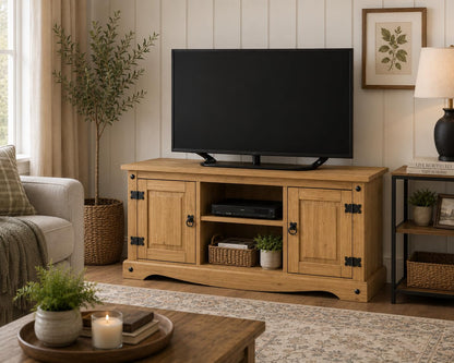 Mews Corona TV Stand Flat Screen Entertainment Unit Solid Pine 2 Door Television Cabinet Mexican Waxed