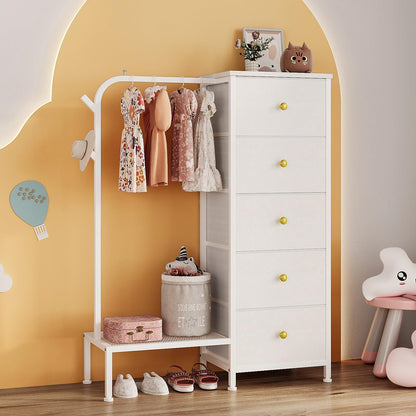 Trironsun Small 5 Fabric Drawer Dresser with Clothes Rack Chest of Drawers with Hanging Rail Reversible Wardrobe with Clothes Rack