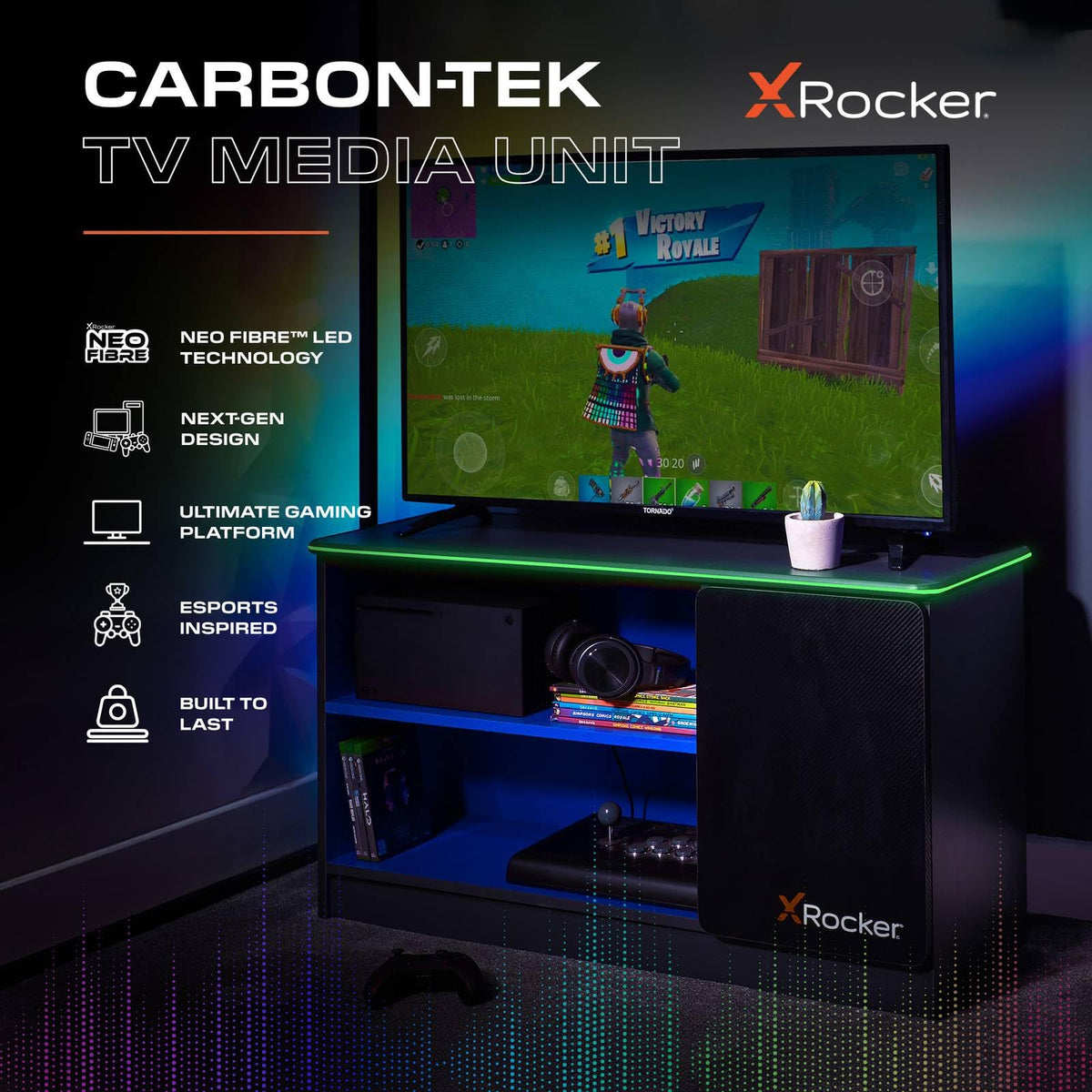 X Rocker Carbon-Tek 100cm Width, RGB LED TV Stand Media Centre - Neo Fibre Lighting, 2 Open Shelves, 2 Shelf Storage Cupboard