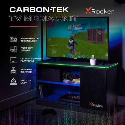X Rocker Carbon-Tek 100cm Width, RGB LED TV Stand Media Centre - Neo Fibre Lighting, 2 Open Shelves, 2 Shelf Storage Cupboard
