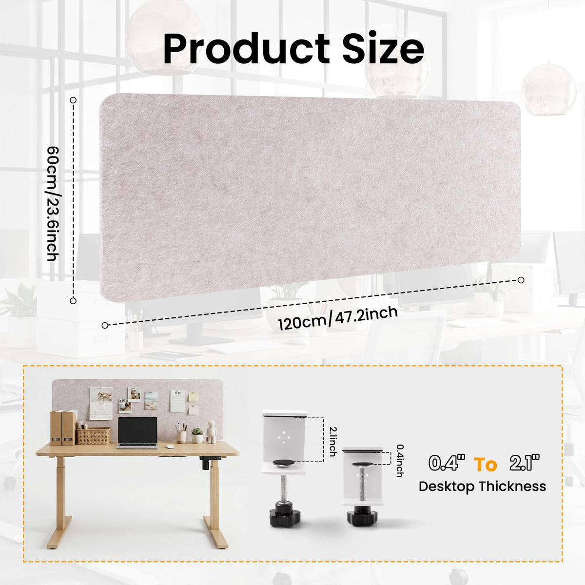 Felt Desk Divider, Clamp-On Privacy Panel, 60 x 120 cm, Oatmeal