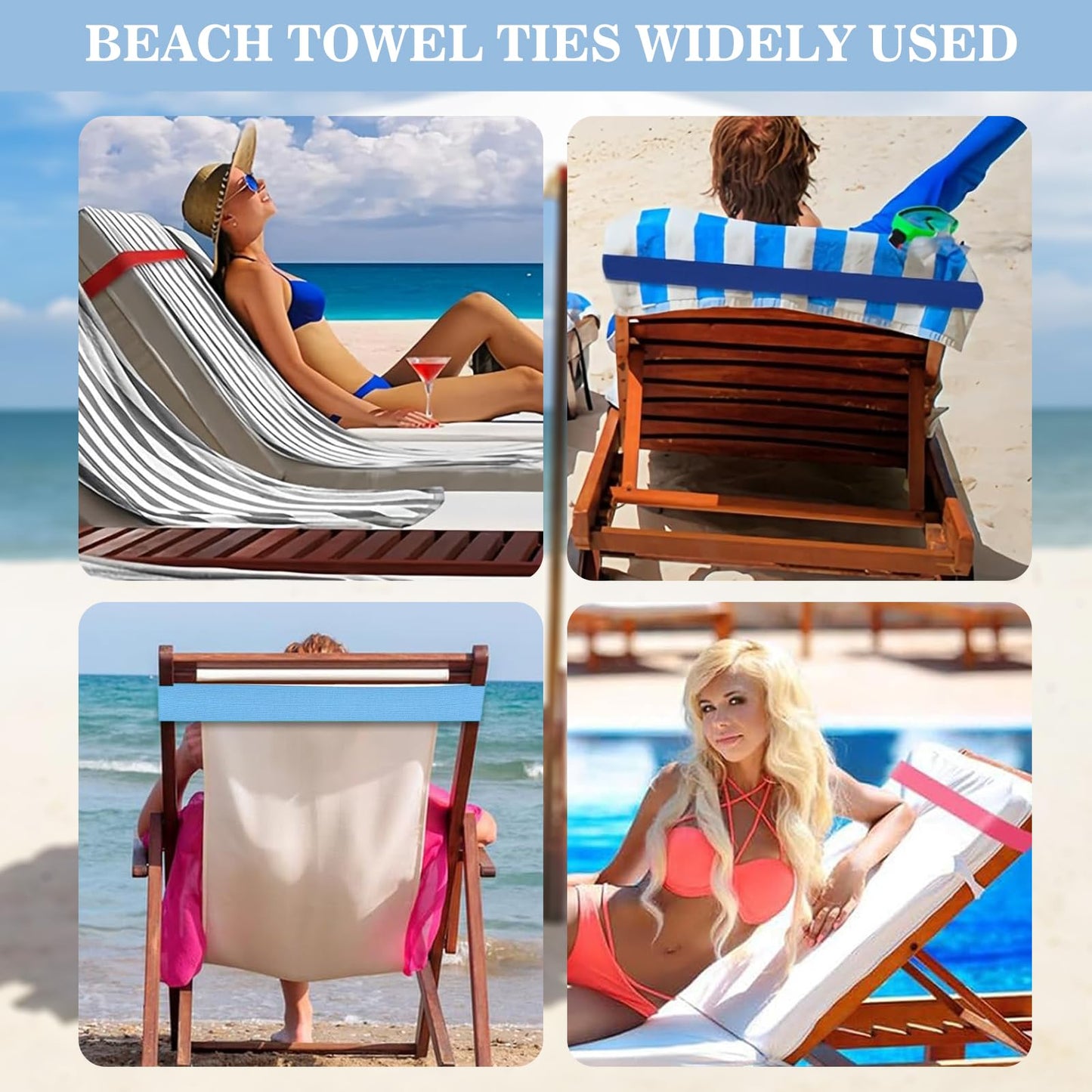 4 Pcs Beach Towel Bands for Sun Loungers, Elastic Windproof Sunbed Towel Straps, Non-Slip Chair Towel Holder for Pool, Beach, Cruise Chairs