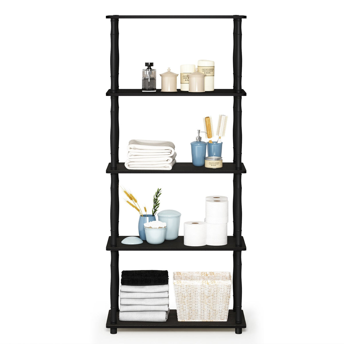 Furinno Turn-S-Tube Toolless Assembly 5-Tier Black Book Shelf, Corner Shelf, Open Shelves, Classic Tubes, for Organization and Storage, Living Room