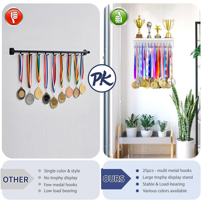 DSVENROLY Medal Holder Trophy Shelf Organizer, 25 Golden Hooks, White