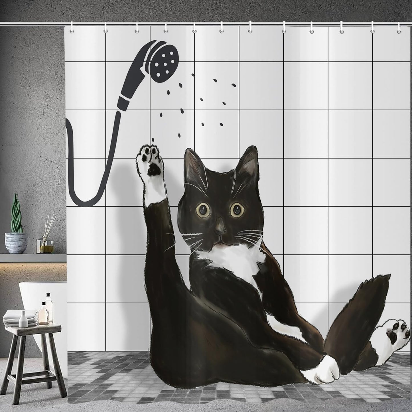 ASDCXZ Funny Cat Shower Curtain 180x200 cm, Cute Cartoon Black Kitten Kids Bathroom Hilarious Waterproof Bath Curtain Polyester Textile Washable