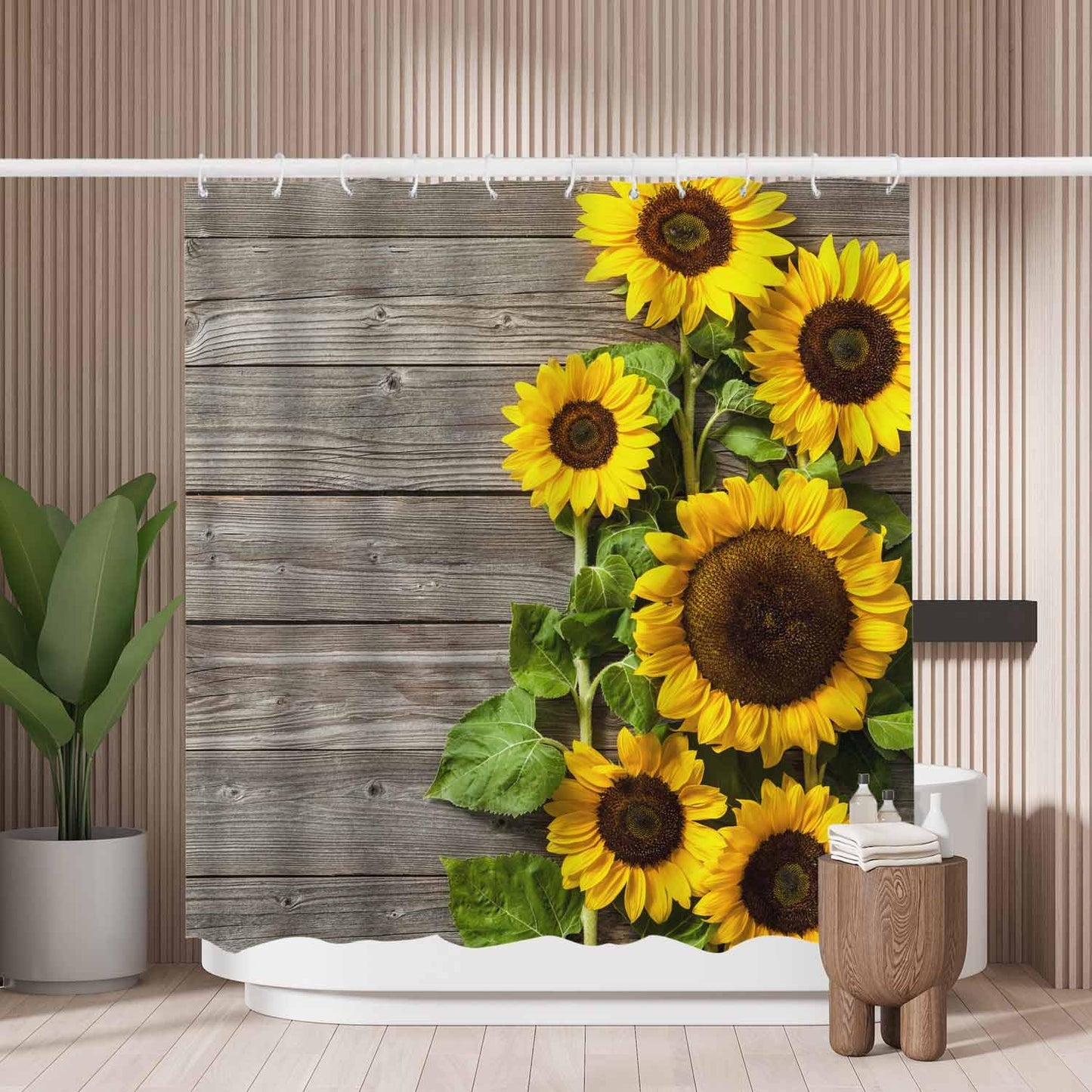Woutay Shower Curtain Mould Proof Resistant Sunflower on Wooden,Water Repellant Fabric,Polyester,with 12 Plastic Hooks