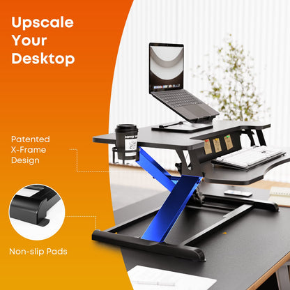 PUTORSEN Standing Desk Converter, 32'' Dual Tiered Sit-Stand Desk Riser with Keyboard Tray, Height Adjustable Computer Workstation with Cup Holder and