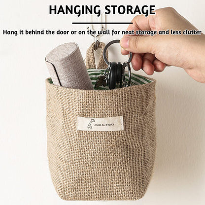 Fahibin Cotton Linen Storage Basket Bag,3pcs Hanging Small Foldable Storage Basket Bag with Handle, Foldable Organizer Decorative Bag for Toys, Keys