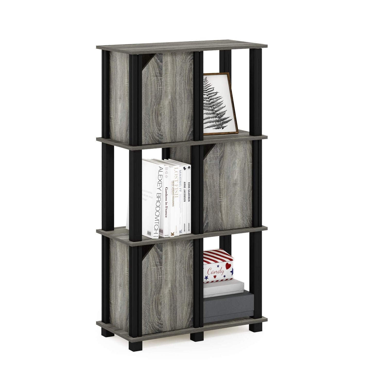Furinno Brahms 4-Tier Storage Shelf with 3 Doors, French Oak Grey/Black