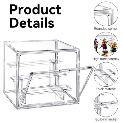 Akamino Acrylic Display Case with Removable 3-Tiered Shelves, 36 x 23 x 27cm Stackable Display Box Dustproof Countertop Cube with Openable Door