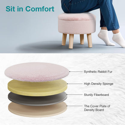 BRIAN & DANY Footstool with Storage, Small Storage Ottoman, Faux Fur Round Stool with Lid, Foot Stool with Legs for Living Room Entryway, Pink