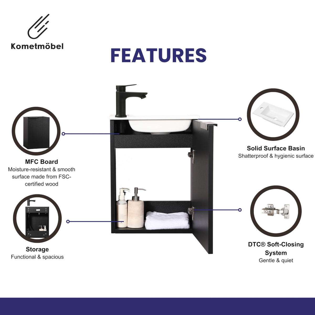 Kometmöbel Cloakroom Vanity Unit With Wash Basin Bathroom Vanity 40cm Wall Hung (Black with Handle 40cm, Without Tap)