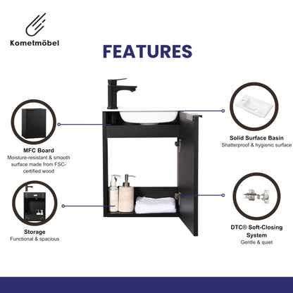 Kometmöbel Cloakroom Vanity Unit With Wash Basin Bathroom Vanity 40cm Wall Hung (Black with Handle 40cm, Without Tap)
