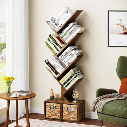 Vagusicc 6 Tier Tree Bookshelf with 2 Storage Baskets, Tall Display Shelf Organizer for Books, Magazines, Home Decor