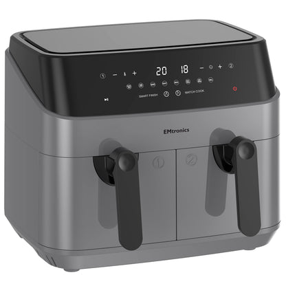 EMtronics EMAFDD9LGR Dual Air Fryer Extra Large Family Size Double XL 9 Litre with 8 Adjustable Pre-Set Menus for Oil Free & Low Fat Healthy Cooking,