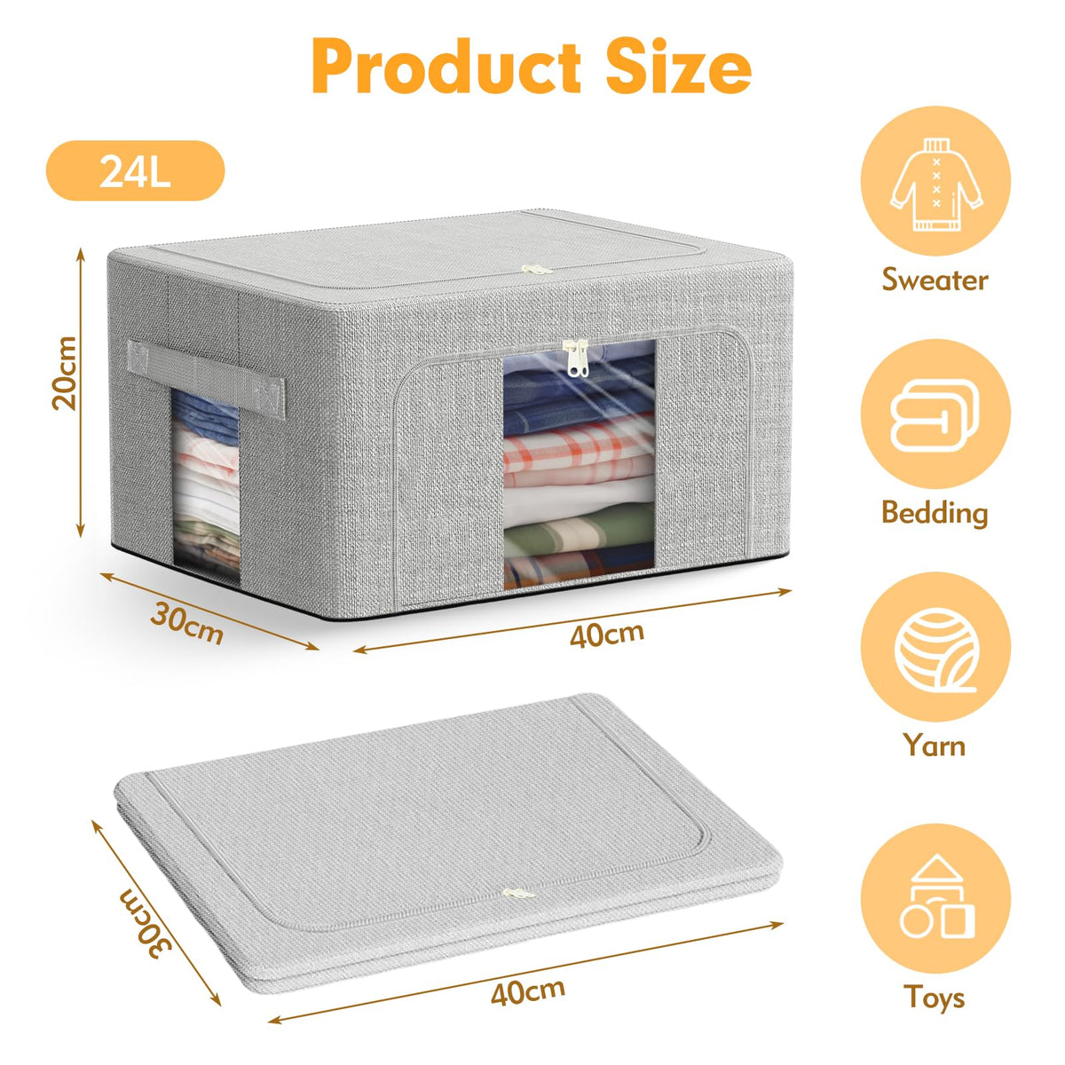 AIOR 2PCS 24L Clothes Storage Bags with Metal Frame, Foldable Fabric Storage Boxes with Clear Windows for Blankets Bedding Comforters