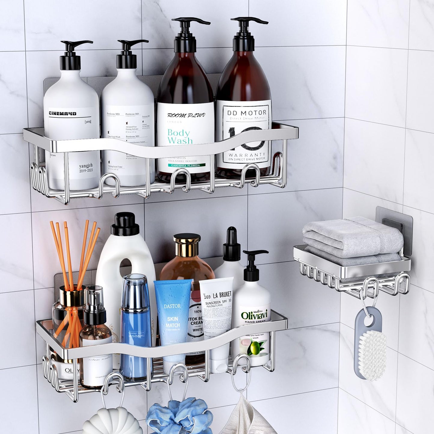 PKPD Rustproof Stainless Steel Shower Caddy 3 Pack, Bathroom Storage Accessory Shelf Organiser No Drilling Hanging, Soap Holder Set, Kitchen Wall