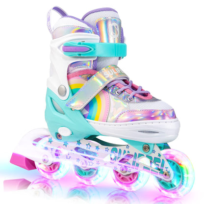 SULIFEEL Rainbow Unicorn Adjustable Light up Inline Skates for Kids Girls and Boys Beginner Skates with Illuminating Wheels,Large