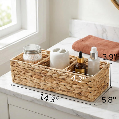 Pumtus 2 Pack 3-Section Wicker Baskets, Water Hyacinth Storage Bin, Handwoven Desk Organizer, Toilet Paper Container