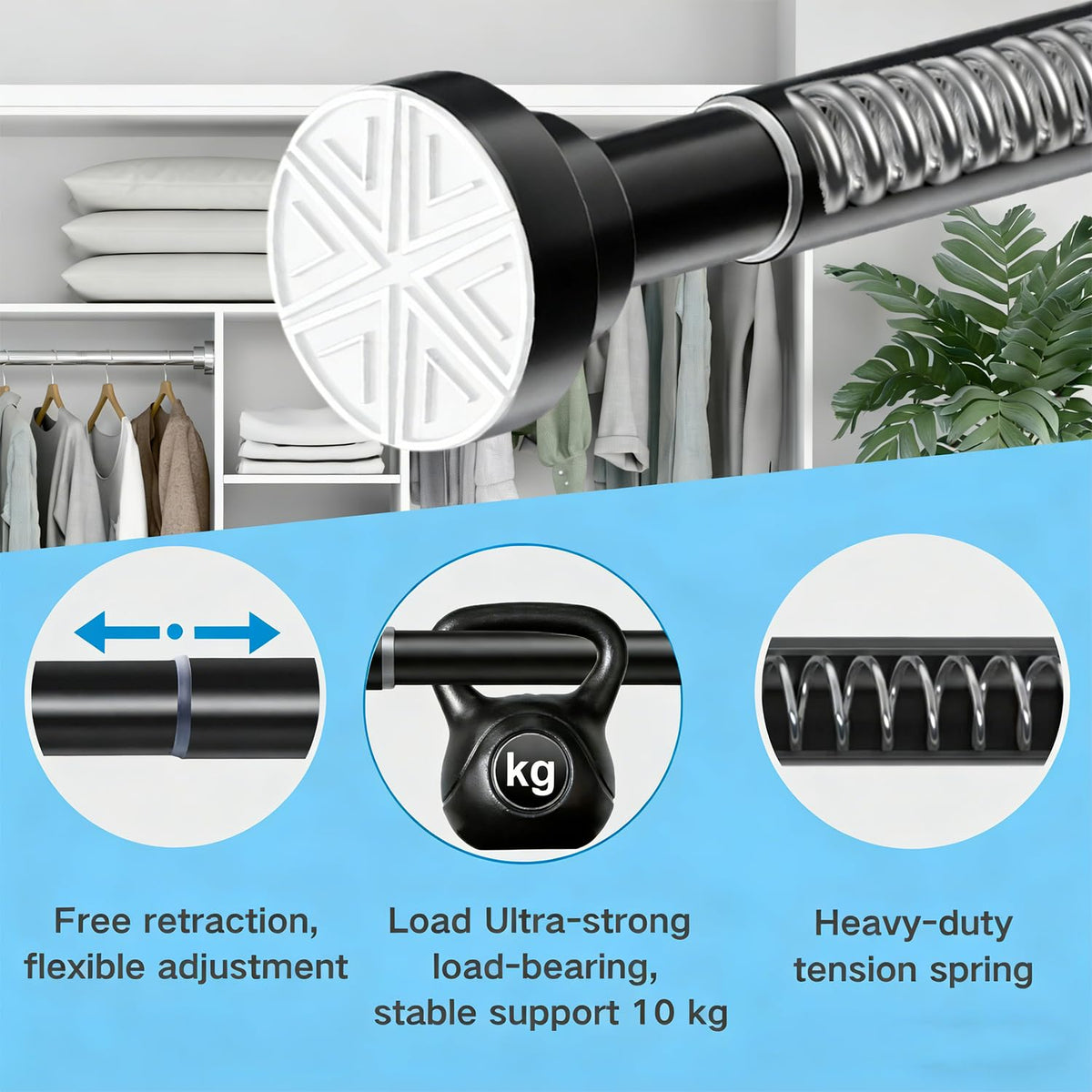 Curtain Poles No Drilling Tension Curtain Rods Extendable Shower Curtain Pole Heavy Duty Tension Rod Shower Pole for Bathroom, Window, Door, Closet