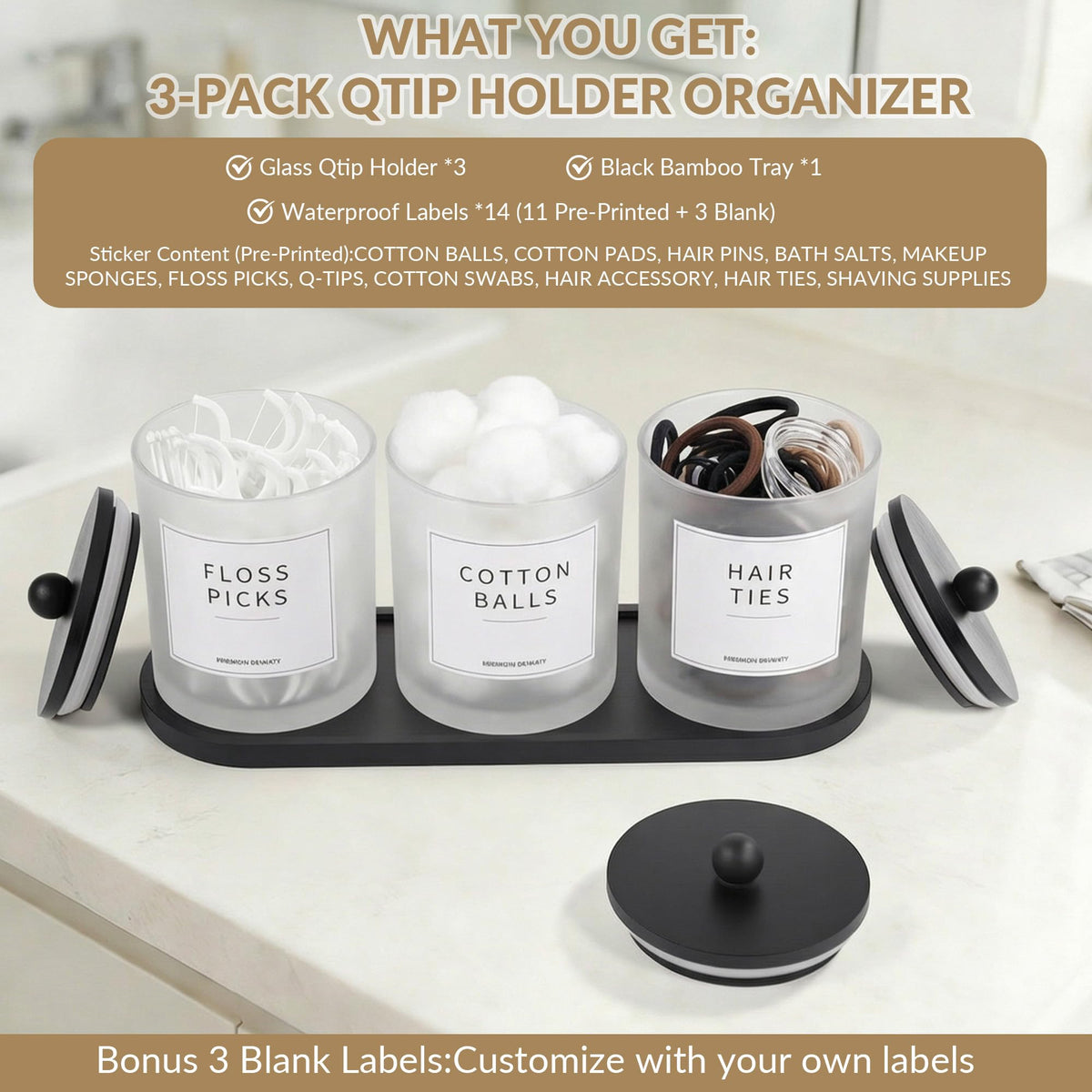 3 Pack Cotton Bud Holder Dispenser - Glass Apothecary Jars with Bamboo Lids, Cotton Ball Pad Round Holder, Floss Pick Containers