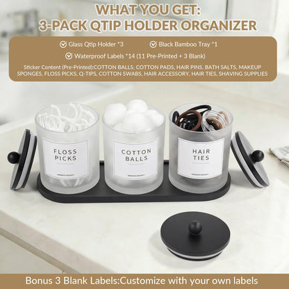 3 Pack Cotton Bud Holder Dispenser - Glass Apothecary Jars with Bamboo Lids, Cotton Ball Pad Round Holder, Floss Pick Containers