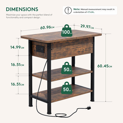 Side Table with Charging Station, Small Flip Top Narrow Sofa End Table