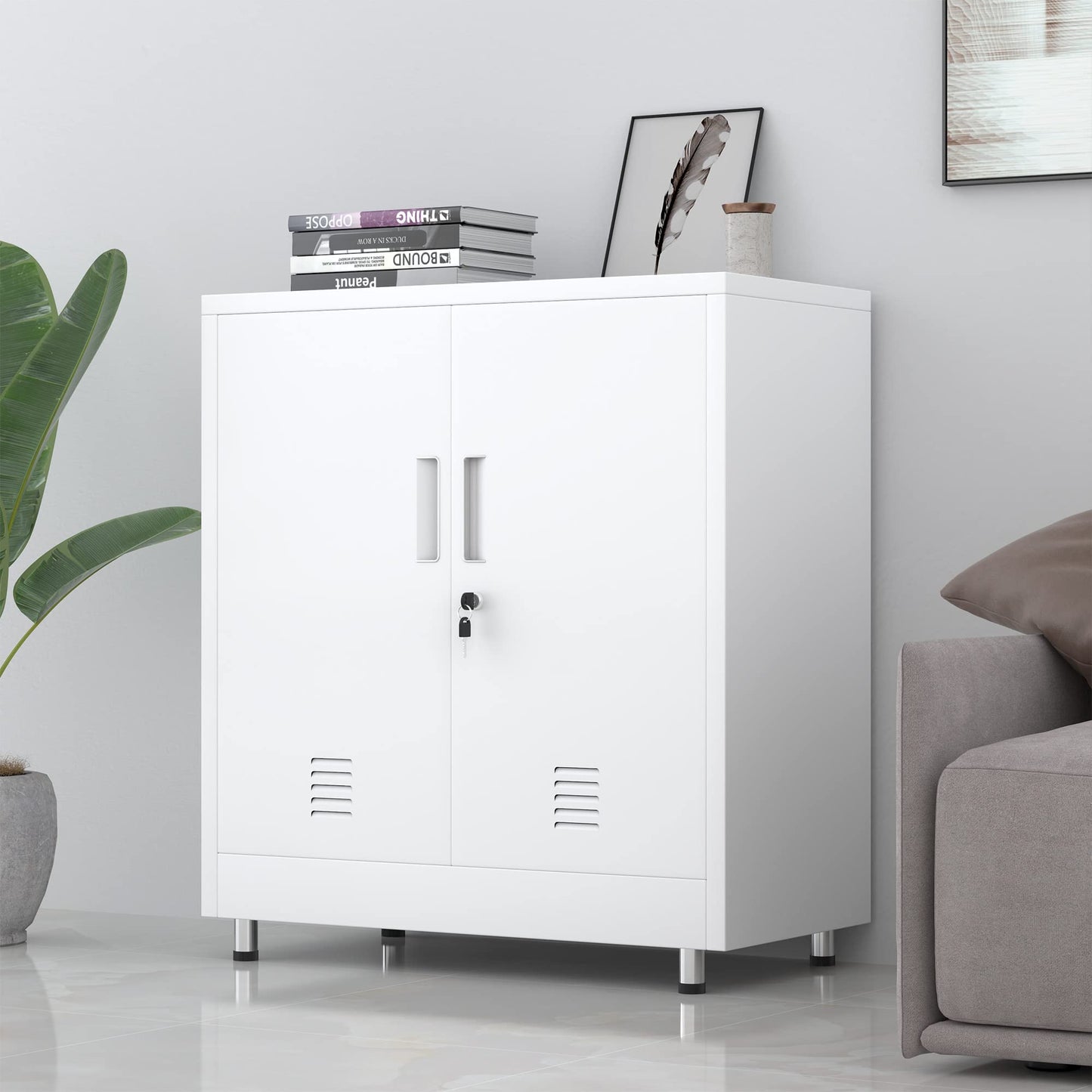 JINGUR Metal Storage Cupboard with Locking Doors and Adjustable Shelf, Small Lockable Sideboard Buffet Cabinet for Home Office Hallway Entryway