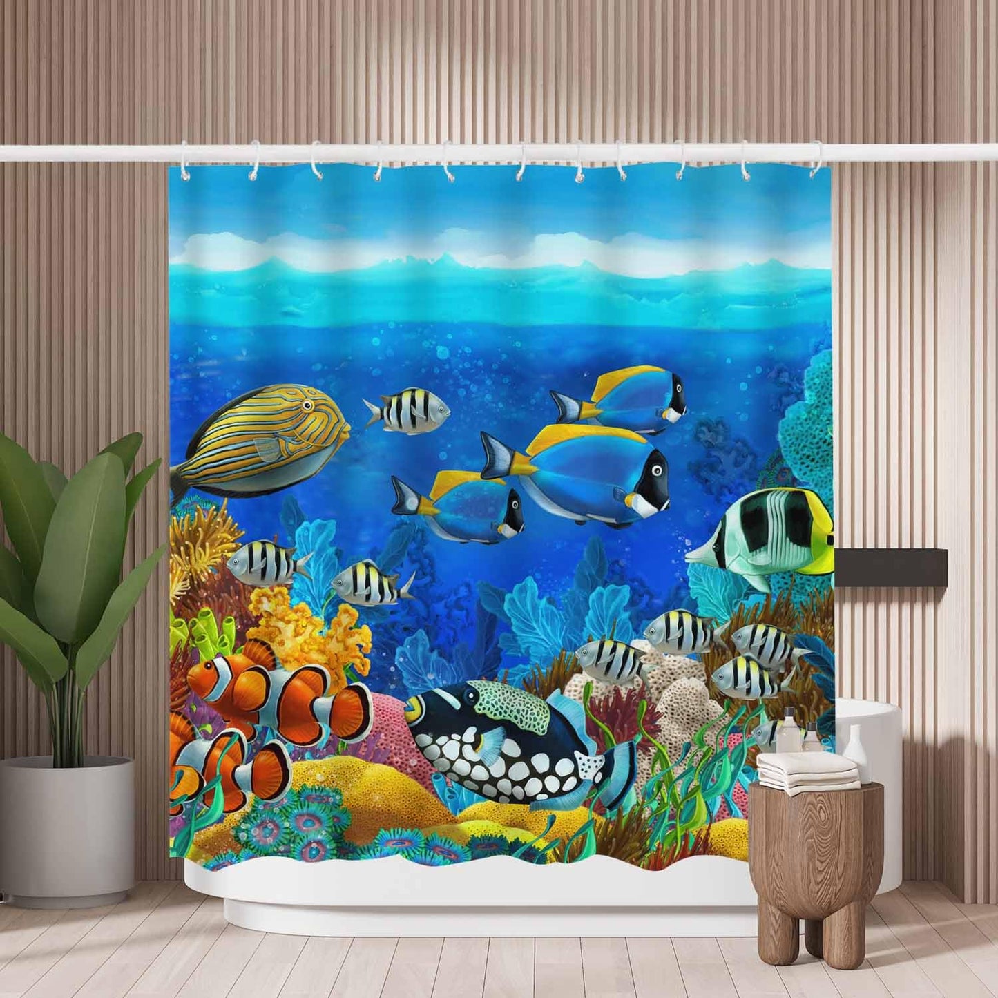Woutay Shower Curtain Water Repellant Fabric Tropical Ocean Fish Shoal,Mould Proof Resistant,Polyester,with 12 Plastic Hooks