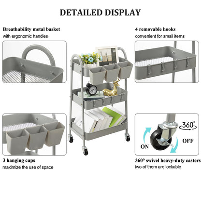 danpinera 3-Tier storage trolley, Metal storage cart with Lockable Wheels & Hanging Cups & Hooks, storage trolley on wheels for bathroom, kitchen