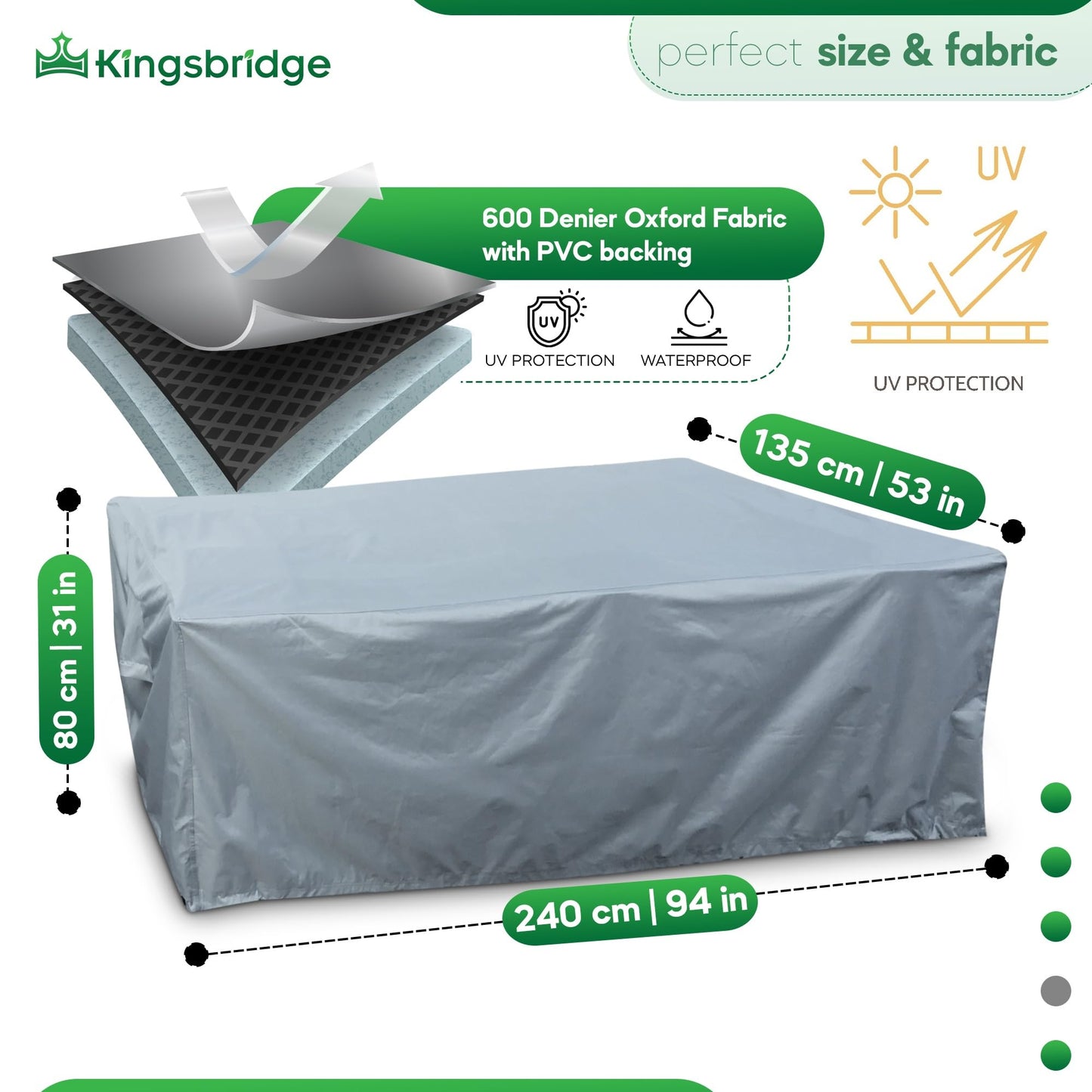 Kingsbridge Rectangular Garden Furniture Table Cover 600D Heavy Duty Fabric, Double Stitching, Waterproof, Anti UV, Breathable, Rip Proof, Grey