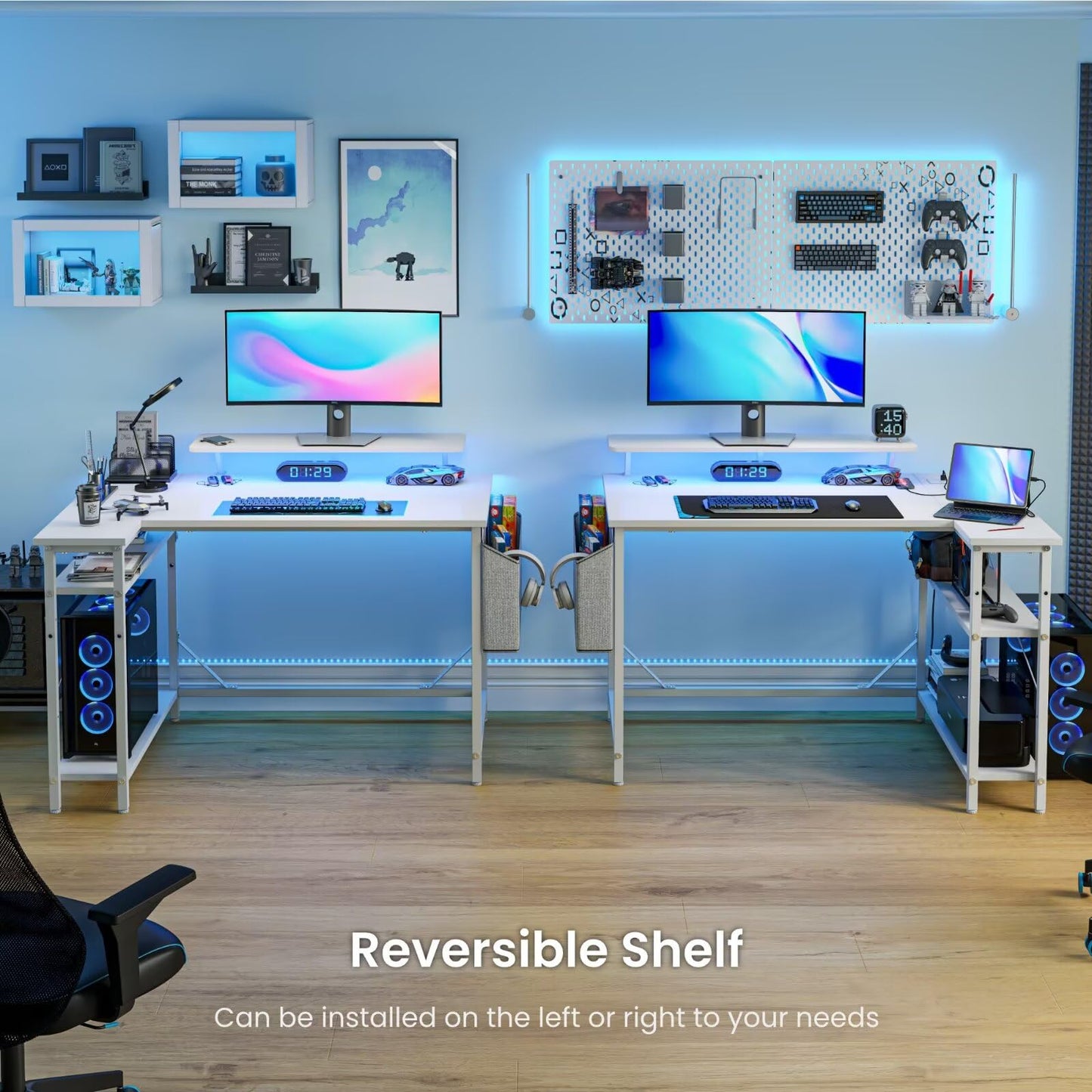 DOMSHOCT L Shaped Gaming Desk with LED Lights & Power Outlets, 120 * 80cm Corner Computer Table with Storage Bag & Adjustable Shelves & Large Monitor